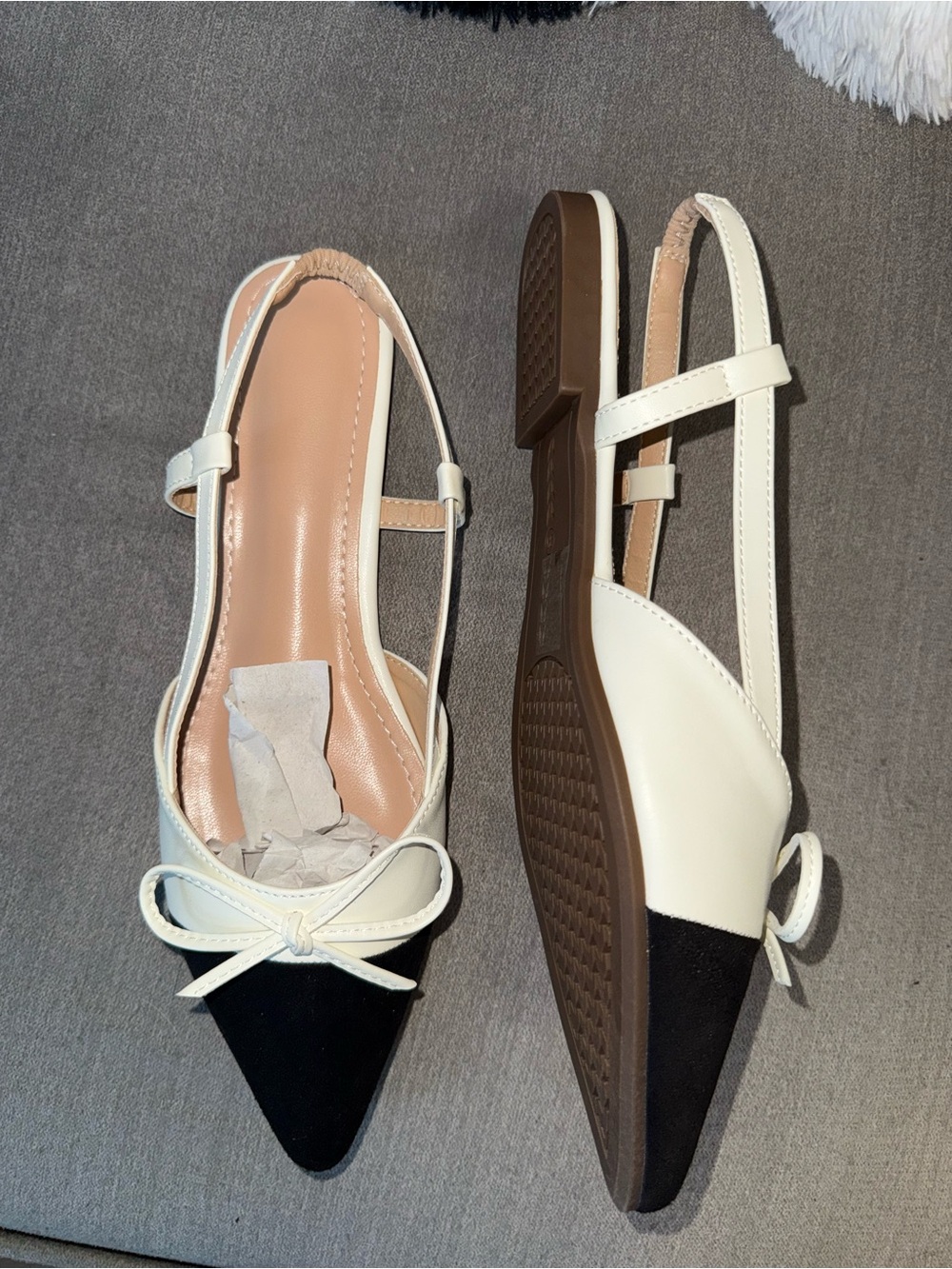 Women’s Two-Tone Pointed Slingback Flats in White and Black